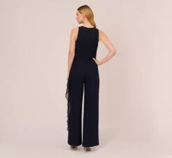 Adrianna Papell Chiffon And Crepe Wide Leg Jumpsuit In Midnight -Allure Attire AP1E210423 AB411 Regular Back