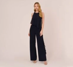 Adrianna Papell Chiffon And Crepe Wide Leg Jumpsuit In Midnight