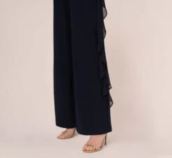 Adrianna Papell Chiffon And Crepe Wide Leg Jumpsuit In Midnight -Allure Attire AP1E210423 AB411 Regular Lifestyle