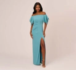 Adrianna Papell Knit Crepe And Organza Off The Shoulder Long Column Gown With Tiered Sleeves In Moody Aqua
