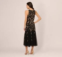 Adrianna Papell Floral Beaded Blouson Tea Length Dress In Black Gold 9 Adrianna Papell Floral Beaded Blouson Tea Length Dress In Black Gold -Allure Attire AP1E210437 AA967 Regular Back