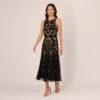 Adrianna Papell Floral Beaded Blouson Tea Length Dress In Black Gold