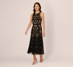 Adrianna Papell Floral Beaded Blouson Tea Length Dress In Black Gold