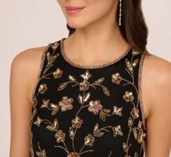Adrianna Papell Floral Beaded Blouson Tea Length Dress In Black Gold 8 Adrianna Papell Floral Beaded Blouson Tea Length Dress In Black Gold -Allure Attire AP1E210437 AA967 Regular Detail