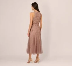 Adrianna Papell Floral Beaded Blouson Tea Length Dress In Stone 9 Adrianna Papell Floral Beaded Blouson Tea Length Dress In Stone -Allure Attire AP1E210437 AE549 Regular Back