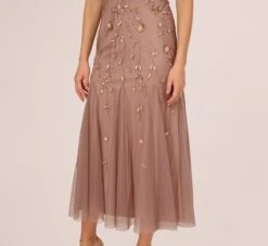 Adrianna Papell Floral Beaded Blouson Tea Length Dress In Stone 10 Adrianna Papell Floral Beaded Blouson Tea Length Dress In Stone -Allure Attire AP1E210437 AE549 Regular Lifestyle