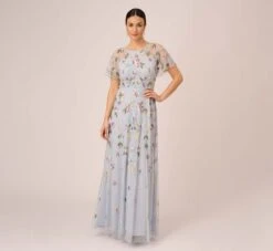 Adrianna Papell Floral Hand Beaded Illusion Long A-Line Gown In Glacier