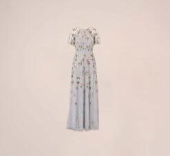 Adrianna Papell Floral Hand Beaded Illusion Long A-Line Gown In Glacier 13 Adrianna Papell Floral Hand Beaded Illusion Long A-Line Gown In Glacier -Allure Attire AP1E210441 AF482 Regular Flat