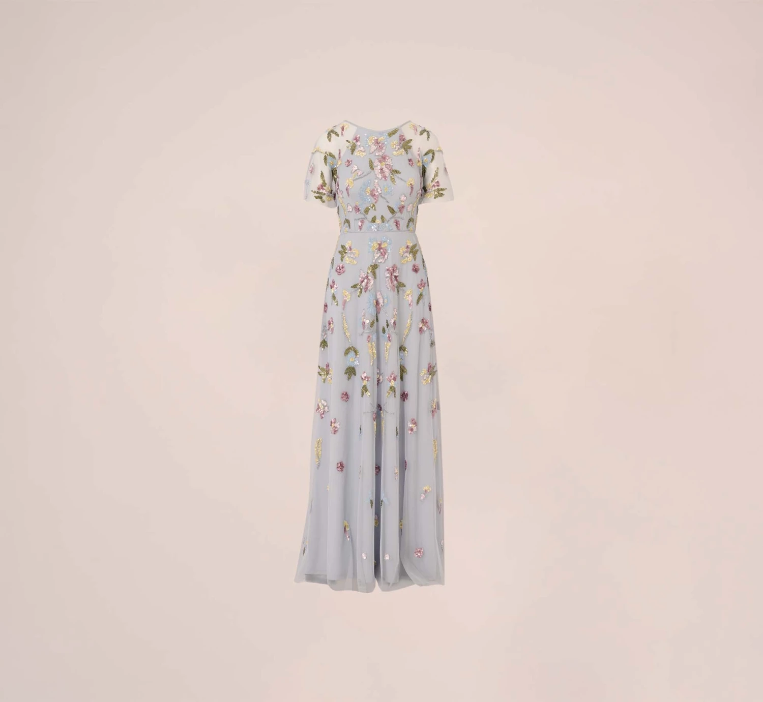 Adrianna Papell Floral Hand Beaded Illusion Long A-Line Gown In Glacier 7 Adrianna Papell Floral Hand Beaded Illusion Long A-Line Gown In Glacier - Image 7