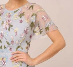 Adrianna Papell Floral Hand Beaded Illusion Long A-Line Gown In Glacier 10 Adrianna Papell Floral Hand Beaded Illusion Long A-Line Gown In Glacier -Allure Attire AP1E210441 AF482 Regular Lifestyle