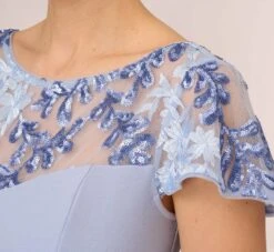 Adrianna Papell Short Sleeve Crepe Gown With Sheer Sequin Floral Neckline In Blue Breeze -Allure Attire AP1E210482 AD497 Regular Detail