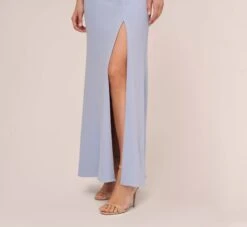 Adrianna Papell Short Sleeve Crepe Gown With Sheer Sequin Floral Neckline In Blue Breeze -Allure Attire AP1E210482 AD497 Regular Lifestyle