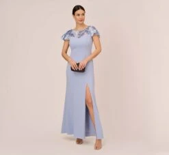 Adrianna Papell Short Sleeve Crepe Gown With Sheer Sequin Floral Neckline In Blue Breeze
