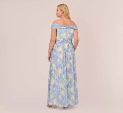 Adrianna Papell Plus Size Watercolor Floral Print Gown With Off The Shoulder Neckline In Blue Multi -Allure Attire AP1E210484 AA461 Plus Back