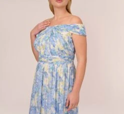 Adrianna Papell Plus Size Watercolor Floral Print Gown With Off The Shoulder Neckline In Blue Multi -Allure Attire AP1E210484 AA461 Plus Detail