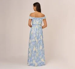 Adrianna Papell Watercolor Floral Print Gown With Off The Shoulder Neckline In Blue Multi -Allure Attire AP1E210484 AA461 Regular Back