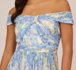 Adrianna Papell Watercolor Floral Print Gown With Off The Shoulder Neckline In Blue Multi -Allure Attire AP1E210484 AA461 Regular Detail