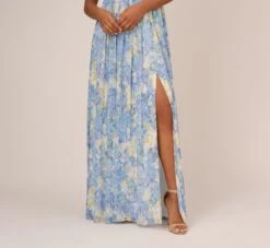 Adrianna Papell Watercolor Floral Print Gown With Off The Shoulder Neckline In Blue Multi -Allure Attire AP1E210484 AA461 Regular Lifestyle