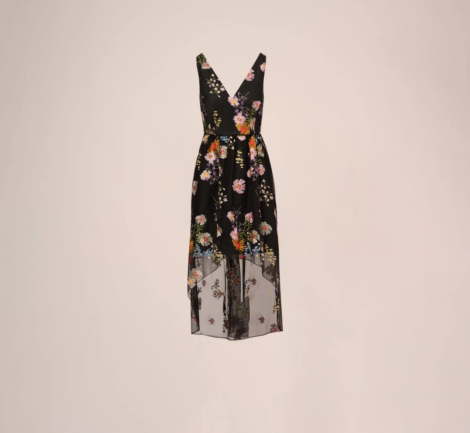 Adrianna Papell Floral Embroidered High Low Dress With Sheer Details In Black Multi 5 Adrianna Papell Floral Embroidered High Low Dress With Sheer Details In Black Multi - Image 5