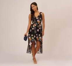 Adrianna Papell Floral Embroidered High Low Dress With Sheer Details In Black Multi