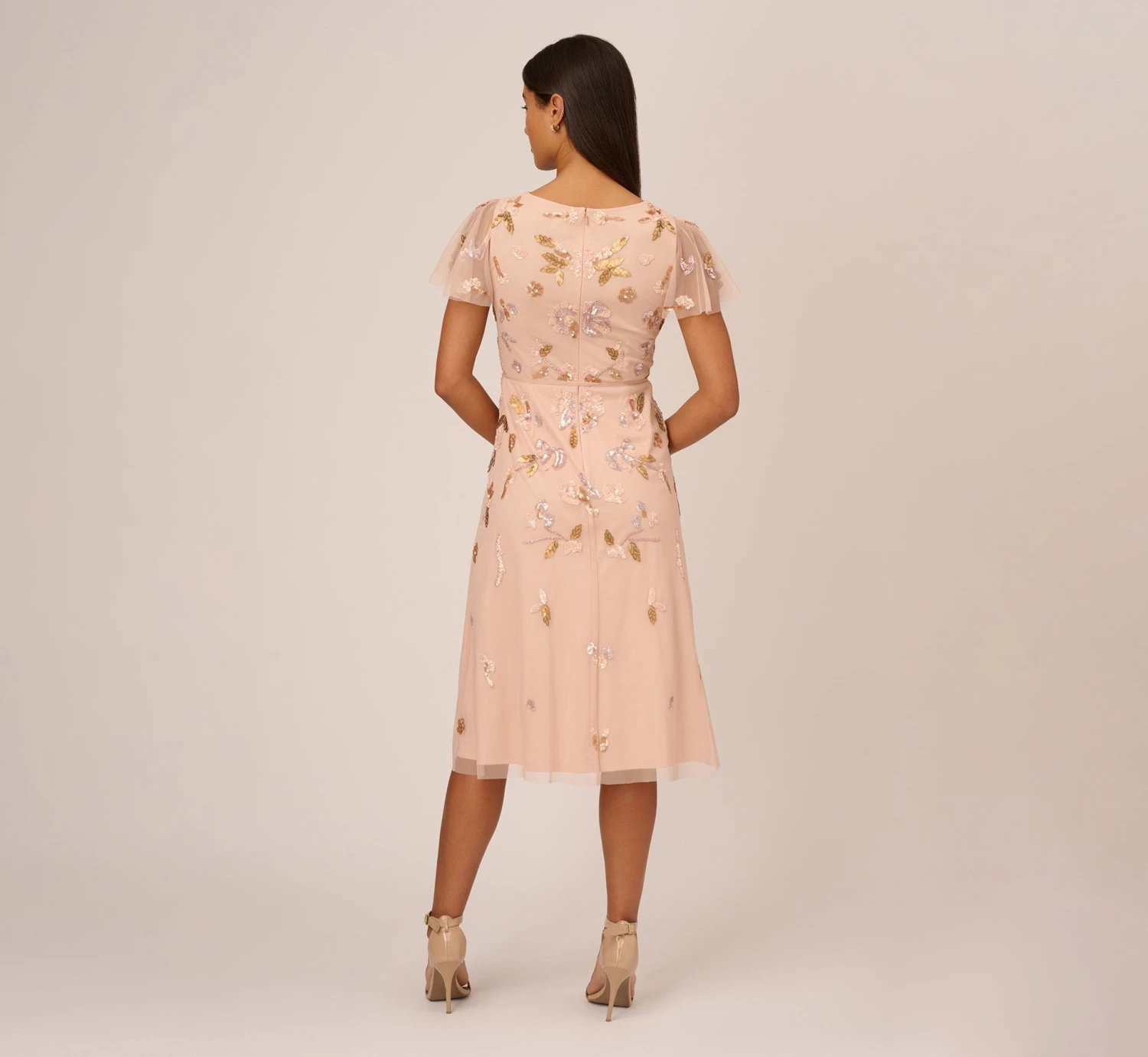 Adrianna Papell Floral Beaded Faux Wrap Dress With Sheer Flutter Sleeves In Blush Multi 4 Adrianna Papell Floral Beaded Faux Wrap Dress With Sheer Flutter Sleeves In Blush Multi - Image 4