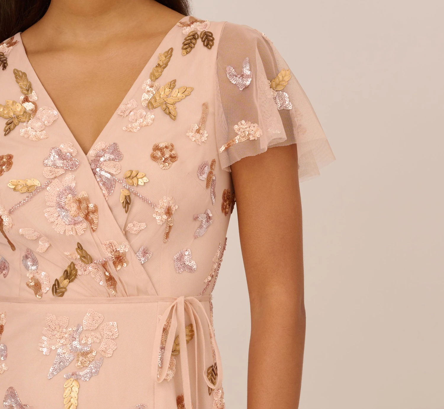 Adrianna Papell Floral Beaded Faux Wrap Dress With Sheer Flutter Sleeves In Blush Multi 3 Adrianna Papell Floral Beaded Faux Wrap Dress With Sheer Flutter Sleeves In Blush Multi - Image 3