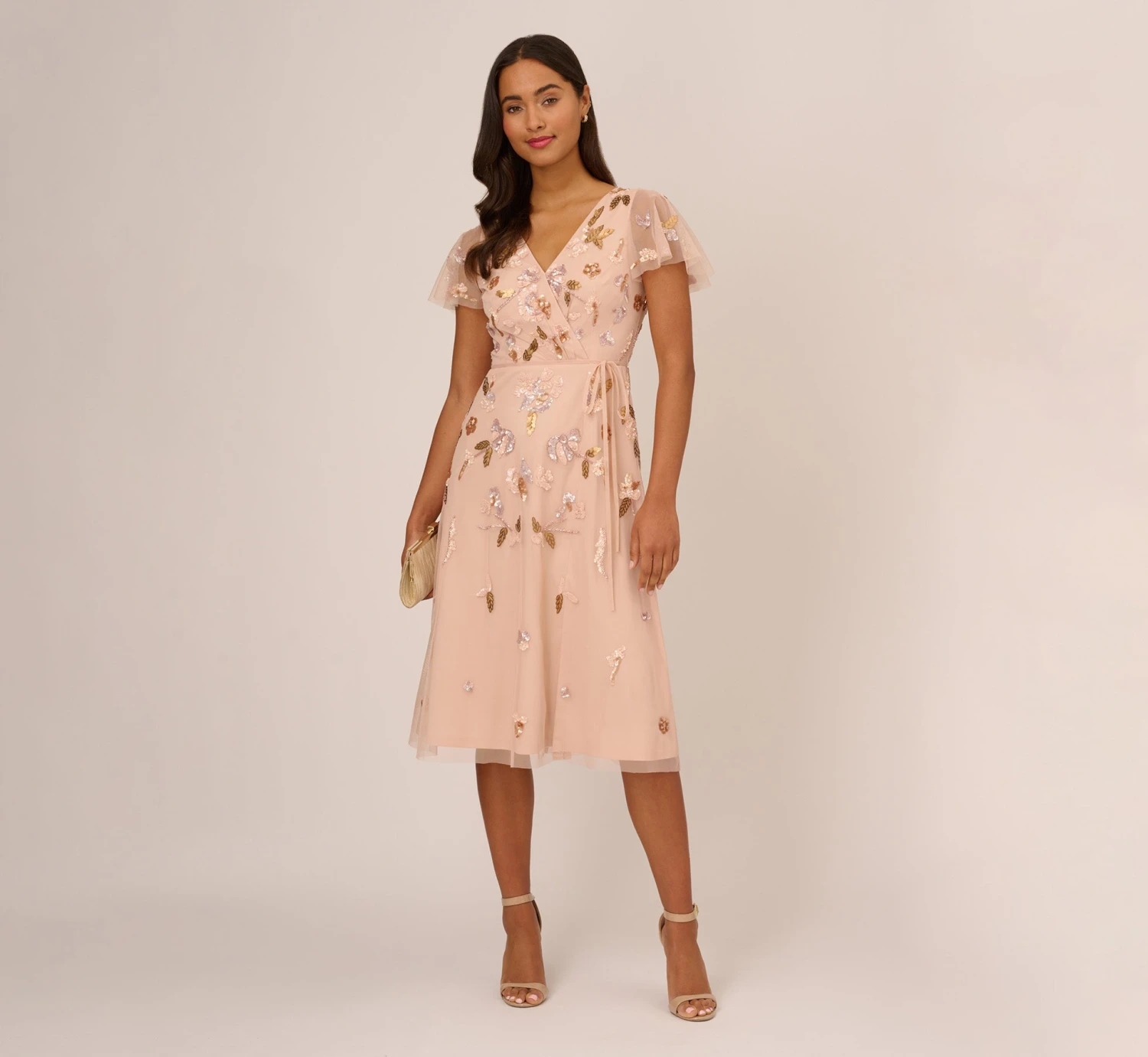 Adrianna Papell Floral Beaded Faux Wrap Dress With Sheer Flutter Sleeves In Blush Multi 1 Adrianna Papell Floral Beaded Faux Wrap Dress With Sheer Flutter Sleeves In Blush Multi