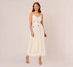 Front Page 34 Adrianna Papell Ankle-Length Gown With Multicolor Floral Beading In Ivory Multi