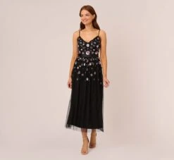 Front Page 32 Adrianna Papell Ankle-Length Gown With Multicolor Floral Beading In Black Multi