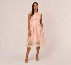 Adrianna Papell Embroidered Fit And Flare Midi Dress With Sheer Neckline In Apricot Ice