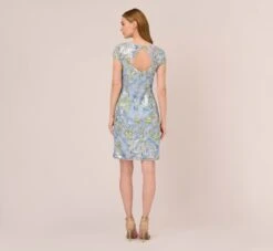 Adrianna Papell Sequin Floral Embroidered Sheath Dress With Cap Sleeves In Blue Green Multi -Allure Attire AP1E210525 AB396 Regular Back