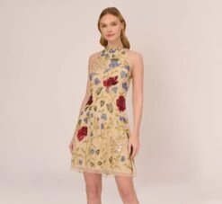 Adrianna Papell Multicolor Floral Beaded Shift Dress In Light Champagne