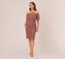 Adrianna Papell Beaded Off The Shoulder Sheath Dress With Halter Neck In Plum