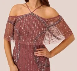 Adrianna Papell Beaded Off The Shoulder Sheath Dress With Halter Neck In Plum 9 Adrianna Papell Beaded Off The Shoulder Sheath Dress With Halter Neck In Plum -Allure Attire AP1E210543 AD541 Regular Detail