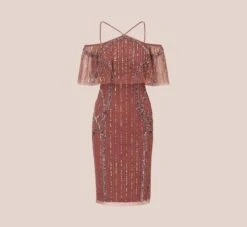 Adrianna Papell Beaded Off The Shoulder Sheath Dress With Halter Neck In Plum 13 Adrianna Papell Beaded Off The Shoulder Sheath Dress With Halter Neck In Plum -Allure Attire AP1E210543 AD541 Regular Flat