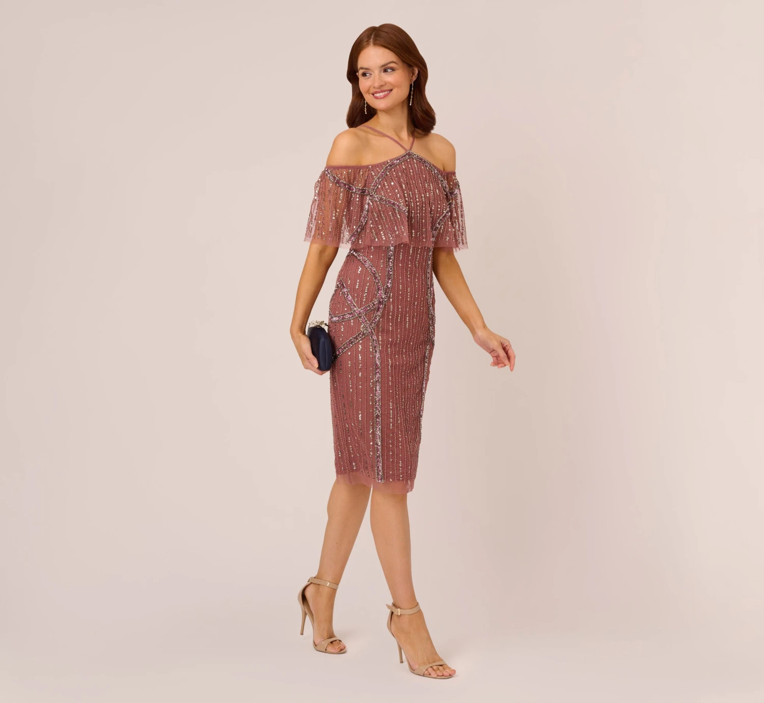 Adrianna Papell Beaded Off The Shoulder Sheath Dress With Halter Neck In Plum 2 Adrianna Papell Beaded Off The Shoulder Sheath Dress With Halter Neck In Plum - Image 2