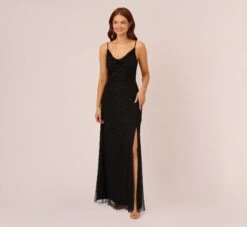 Adrianna Papell Art Deco Beaded Mermaid Gown With Cowl Neckline In Black