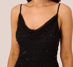 Adrianna Papell Art Deco Beaded Mermaid Gown With Cowl Neckline In Black -Allure Attire AP1E210577 AA002 Regular Detail