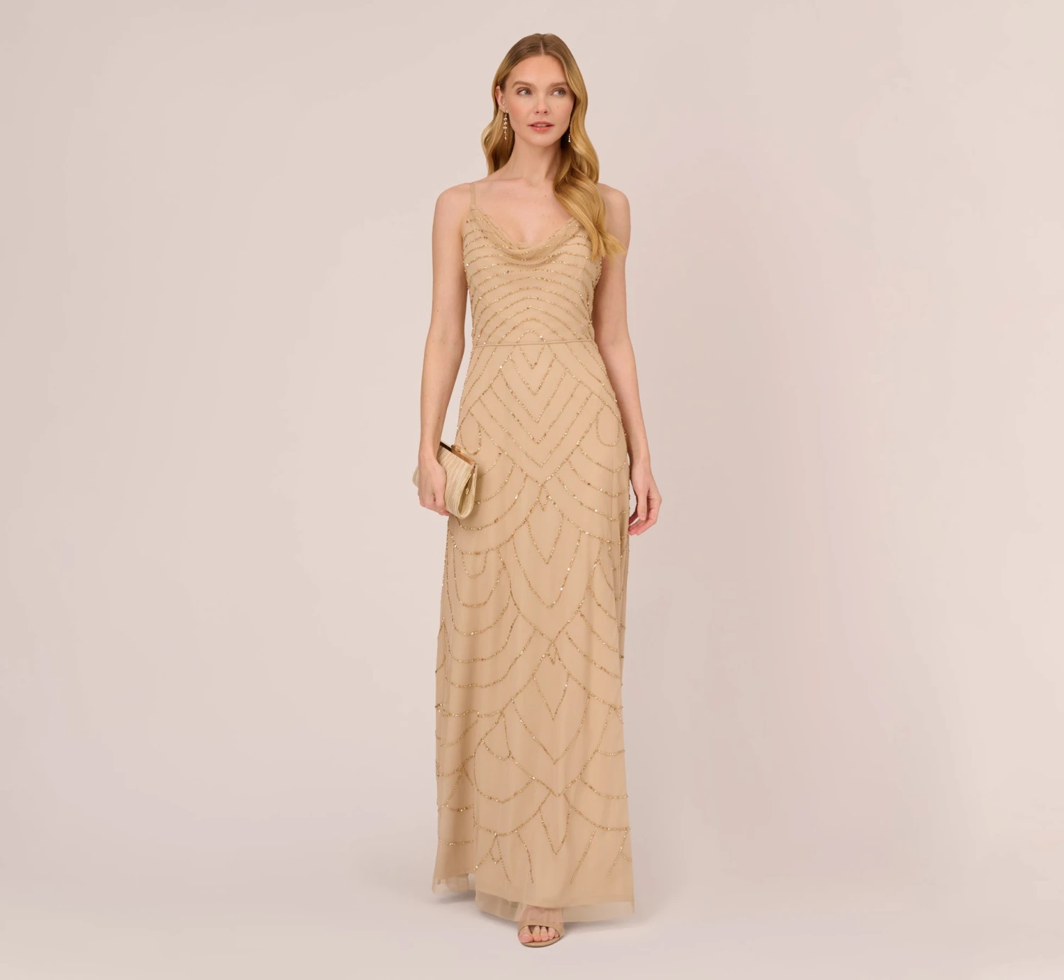 Adrianna Papell Art Deco Beaded Mermaid Gown With Cowl Neckline In Champagne Gold 2 Adrianna Papell Art Deco Beaded Mermaid Gown With Cowl Neckline In Champagne Gold - Image 2