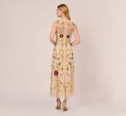 Adrianna Papell Multicolor Floral Beaded Ankle-Length Dress With Sheer Details In Light Champagne -Allure Attire AP1E210579 AE273 Regular Back