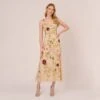 Adrianna Papell Multicolor Floral Beaded Ankle-Length Dress With Sheer Details In Light Champagne