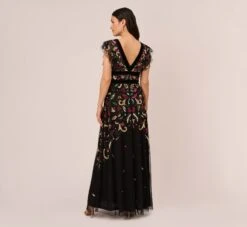 Adrianna Papell Multicolor Floral Beaded Gown With Velvet Trim In Black Multi -Allure Attire AP1E210607 AB960 Regular Back