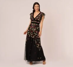 Adrianna Papell Multicolor Floral Beaded Gown With Velvet Trim In Black Multi