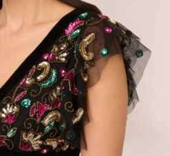 Adrianna Papell Multicolor Floral Beaded Gown With Velvet Trim In Black Multi -Allure Attire AP1E210607 AB960 Regular Lifestyle