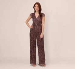 Adrianna Papell Metallic Crinkle Wide Leg Jumpsuit With Short Sleeves In Plum