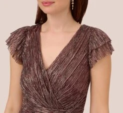 Adrianna Papell Metallic Crinkle Wide Leg Jumpsuit With Short Sleeves In Plum -Allure Attire AP1E210616 AD541 Regular Detail