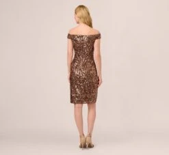 Adrianna Papell Off The Shoulder Sequin Lace Dress In Copper -Allure Attire AP1E210619 AA908 Regular Back