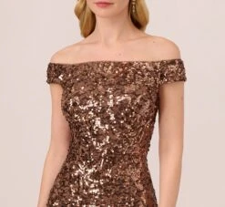 Adrianna Papell Off The Shoulder Sequin Lace Dress In Copper -Allure Attire AP1E210619 AA908 Regular Detail