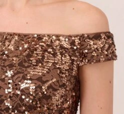 Adrianna Papell Off The Shoulder Sequin Lace Dress In Copper -Allure Attire AP1E210619 AA908 Regular Lifestyle