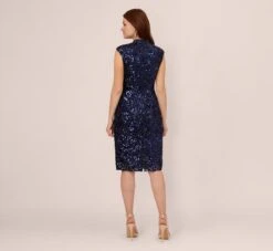 Adrianna Papell Sequin Lace Sleeveless Midi Dress With Mock Neck In Navy -Allure Attire AP1E210621 AA412 Regular Back